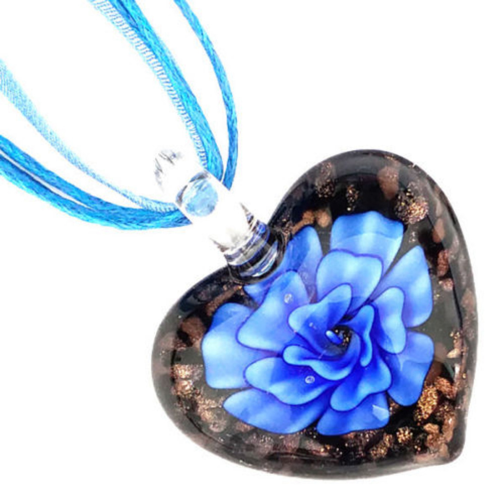 Blue & Gold Murano Glass Heart w/Blue Ribbon chain